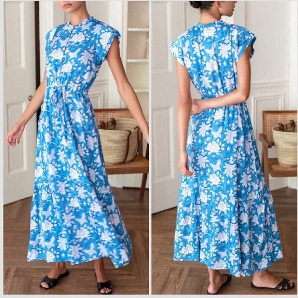 Emerson Fry India Collection Frances 3 Frill Maxi Dress Blue Floral XS -worn 1x